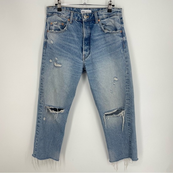 Zara High Waist straight crop Leg Ripped Jeans distressed Sz 6 - Picture 1 of 9